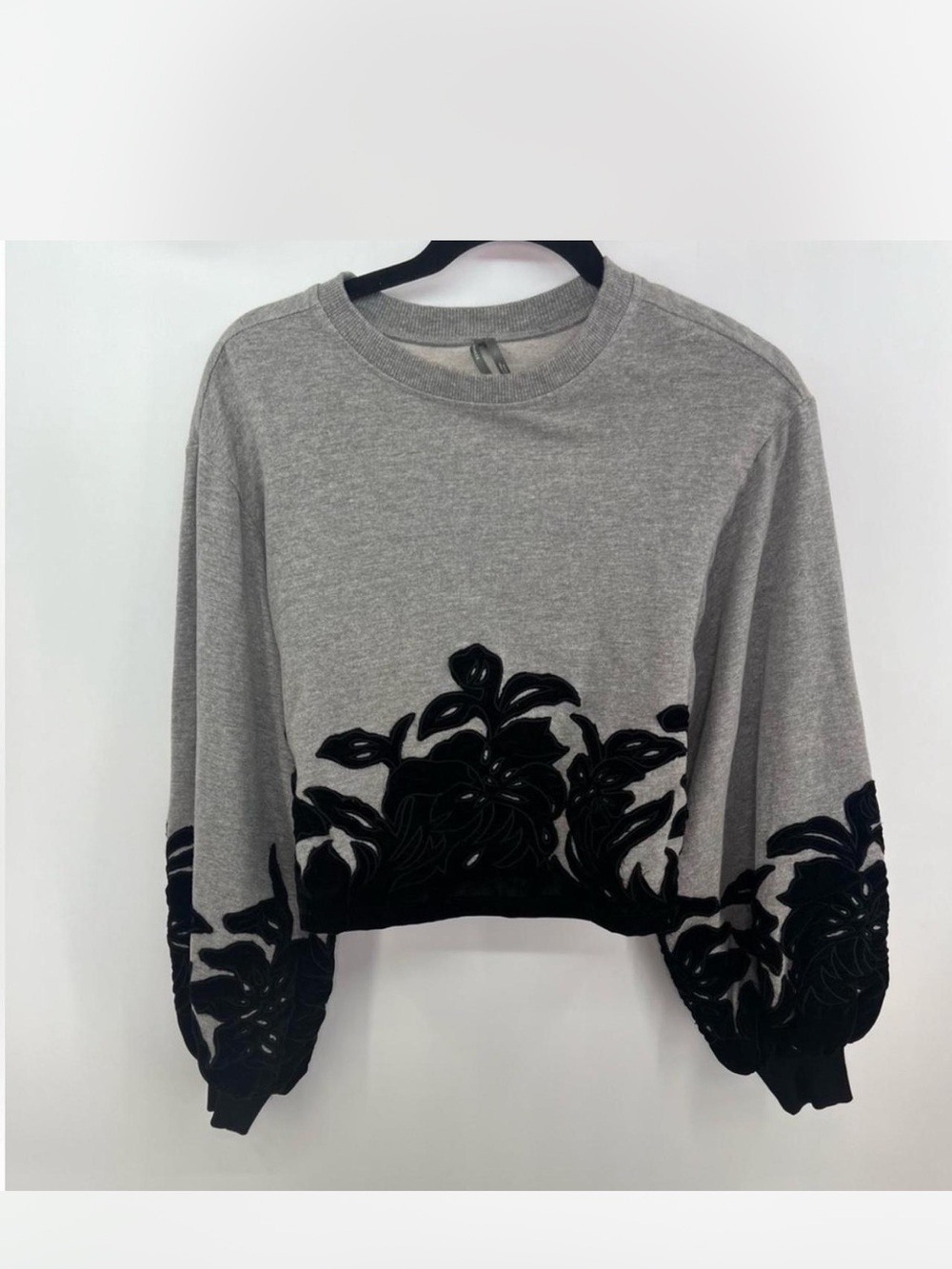 Anthropologie Gray Sweatshirt with Black Velvet Floral Appliqué - Picture 11 of 15